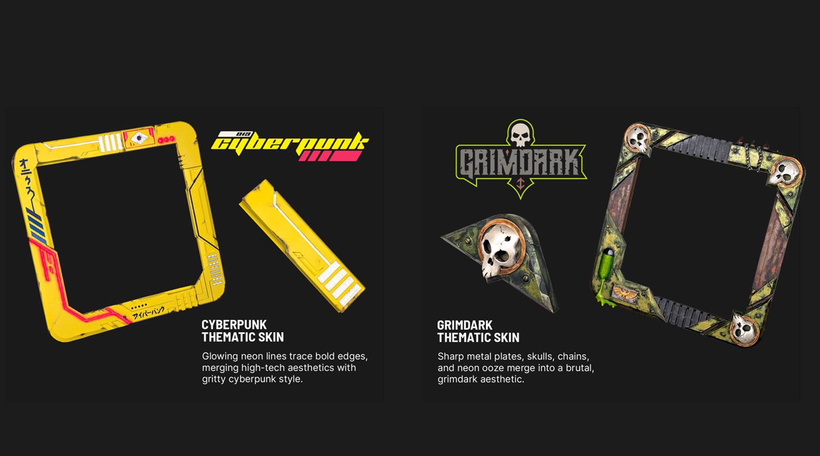 A vibrant graphic showcases two thematic skins for the BuildONYX display case. On the left, the 