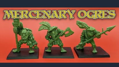 Three green ogre miniatures stand on black bases against a vibrant orange background. Each ogre has a distinct pose: the leftmost holds a staff, the center ogre wields an axe, and the rightmost brandishes a spear. They are adorned with details reminiscent of classic oldhammer styles, featuring exaggerated facial features and playful, dynamic designs. The text "MERCENARY OGRES" is prominently displayed above them in a bold, stylized font.