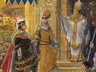Illustrated book cover for *Pendragon: Noble's Handbook*. At the top, bold white text reads "Noble's Handbook" against a red banner with ornate gold trim. Above this, a blue banner with a gold border displays the word "Pendragon" in white capital letters.

The scene depicts three central figures in medieval attire. On the left, a knight in black and gold armor with a red cloak holds a sword and stands before a crowd of armored soldiers carrying flags bearing a red cross on a white and blue background. In the center, a woman in an elaborate golden dress and crown descends stone steps flanked by intricately carved pillars. To the right, a bishop in white and gold robes, mitre, and carrying a staff stands on the steps, raising a hand in blessing or greeting. At the bottom right, a kneeling man in blue tunic and brown hose appears to be polishing the bishop’s shoes. The background features detailed stone architecture with decorative carvings.