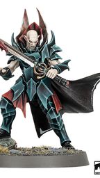 A vampire miniature named Korthrain, the Crimson Blade, stands prominently, showcasing ornate black and teal armor with sharp, angular designs. He wields a long, elegant sword with a bloodied edge, poised for action, while his expression conveys a fierce intensity. In the background, a smaller figure can be seen, adding context to the scene, with a rocky base and tufts of grass completing the display.