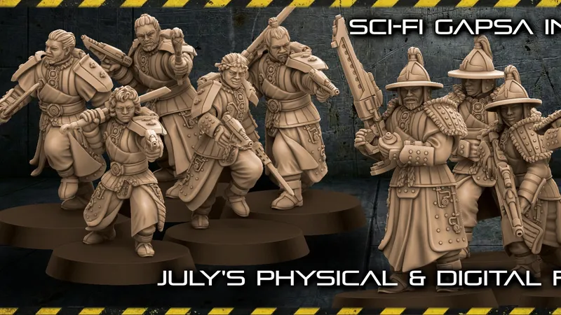 Five miniatures in futuristic Korean-inspired armor holding rifles, text "SCI-FI GAPSA JULY'S PHYSICAL & DIGI"
