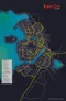A detailed map of Night City circa 2045, showcasing the layout of the city with various districts outlined in yellow. Key areas such as Little Europe, Downtown, and the Hot Zone are labeled, along with bodies of water like Estero Bay and Morro Bay. The map features a dark background, enhancing the visibility of the streets and districts, making it a useful reference for players of the Cyberpunk RED tabletop RPG.