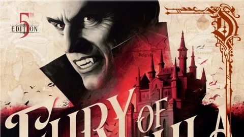 The cover of "Fury of Dracula: 5th Edition" features a dramatic illustration of Dracula, depicted with a sinister expression and sharp features, set against a backdrop of a dark, gothic castle. The title "FURY OF DRACULA" is prominently displayed in bold, stylized lettering, with the subtitle "A Game of Deduction & Gothic Horror" beneath it. The design incorporates elements like a map of Europe and a horse-drawn carriage, enhancing the game's Victorian theme.