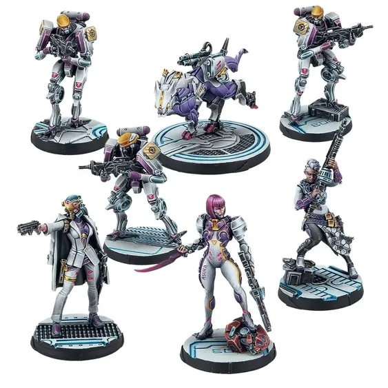 A collection of seven miniatures from the Infinity miniatures game, featuring characters from the Nomads and ALEPH factions. The miniatures are intricately designed, showcasing a cyberpunk aesthetic with vibrant colors, primarily purples and metallics. The figures include a mix of humanoid characters and a robotic companion, each posed dynamically to reflect their unique roles in gameplay.
