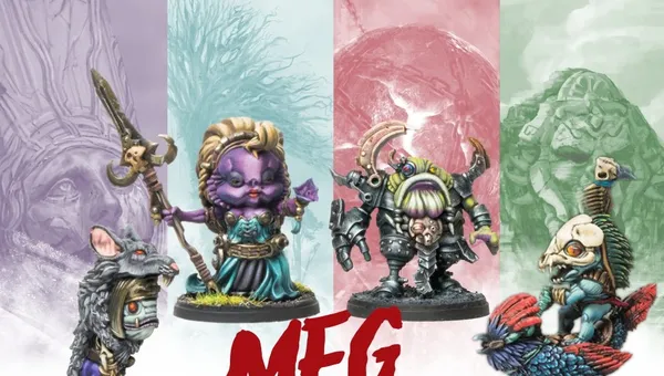 Four whimsical resin miniatures are displayed, representing the Murderous Fish Gnome Mystery Pack Series 2 from Para Bellum Games. On the left, a gnome with a wolf-like appearance stands, while the central figure is a purple-skinned gnome in a flowing gown, holding a staff. To the right, a gnome in mechanical armor features a distinctive design, and the background showcases soft pastel colors, enhancing the fantasy theme. The text "MFG" is prominently featured in bold red at the bottom.