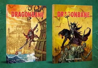 Two new expansions for the Dragonbane RPG are displayed: "Arkand: City of Waves and Flames" on the left and "Book of Magic" on the right. The cover of "Arkand" features a character in a red cloak, standing on a dock with a cityscape in the background, while "Book of Magic" showcases a dark figure wielding a staff, accompanied by a menacing wolf and skeletal figures. Both books have vibrant, detailed artwork and are set against a green background.