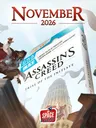 A woman in Assassin’s Creed attire mid-leap over a rooftop, holding a Hidden Blade. A box for Assassin’s Creed: Trial of the Initiate with text: "UNLOCK! READY-TO-PLAY TABLETOP EDGE GAME. DIY VIDEO GAME. £6.99. ASSASSIN’S CREED. TRIAL OF THE INITIATE." Space Cowboys logo at bottom.