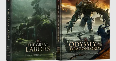 Two book covers: "The Great Labors" and "Odyssey of the Dragonlords" with fantasy art.