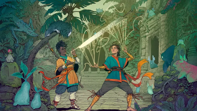 Two people in colorful robes duel with glowing energy in a jungle temple.