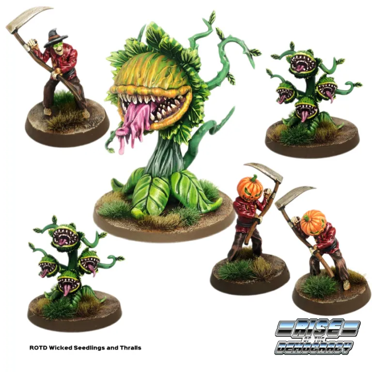 A collection of detailed 30mm scale resin miniatures from the "Monsters Invaded My Town" set features a large, menacing plant creature with a wide mouth and long tongue, surrounded by smaller, multi-headed plant monsters. Two pumpkin-headed figures wielding scythes are depicted in action poses, while additional smaller plant creatures are shown on bases. The miniatures are set against a grassy terrain, enhancing their vibrant colors and dynamic designs.