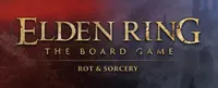 The image features the title "ELDEN RING: THE BOARD GAME" prominently displayed in a bold, metallic font, with the subtitle "ROT & SORCERY" beneath it. The background transitions from deep red to dark purple, evoking a sense of mystery and decay, while subtle textures suggest a fantastical landscape. The overall design reflects the themes of the Elden Ring universe, hinting at adventure and exploration.