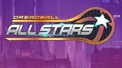 The image features the logo for "Dreadball All Stars," prominently displayed against a futuristic cityscape with tall, sleek buildings and a purple sky. The logo includes the words "DREADBALL" in bold yellow and "ALL STARS" in silver, with a stylized star and a dynamic design element suggesting movement. The Mantic logo is positioned at the bottom, indicating the publisher's branding.