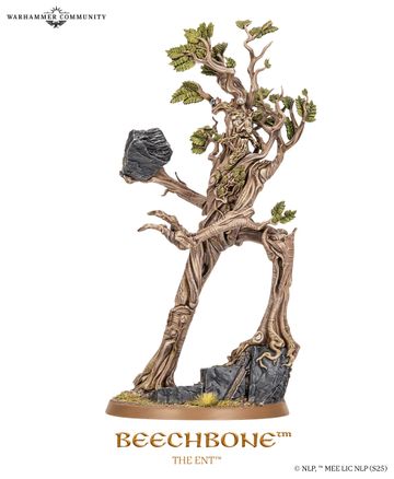 A towering model of Beechbone, an ent from the Middle-earth Strategy Battle game, stands prominently with a rugged, bark-like texture and intricate details. His limbs are gnarled and branch-like, adorned with vibrant green leaves, while he holds a large rock in one hand. The base features rocky terrain with patches of grass, emphasizing his formidable presence on the battlefield.