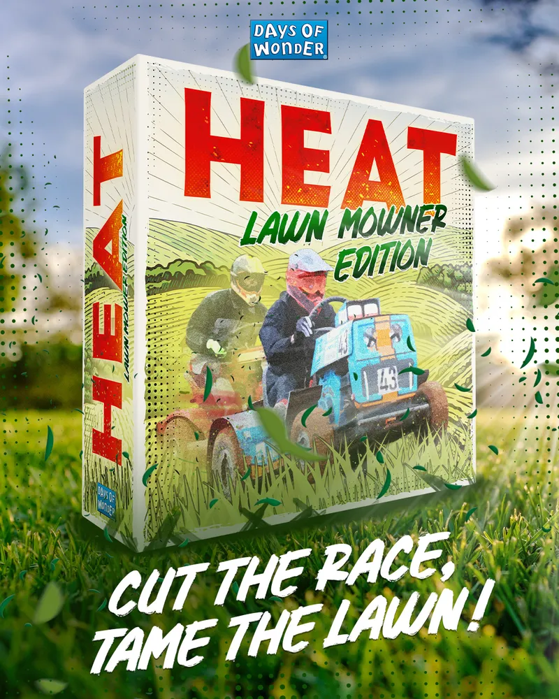A box for the game "HEAT: Lawn Mower Edition" is prominently displayed, featuring vibrant artwork of two racers on lawn mowers speeding through a grassy landscape. The title "HEAT" is bold and colorful, with "LAWN MOWER EDITION" written in a playful, green font. The background depicts a sunny day with blurred trees and grass, enhancing the racing theme.