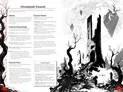 A black and white illustration of a ruined city with twisted trees and a tall tower.