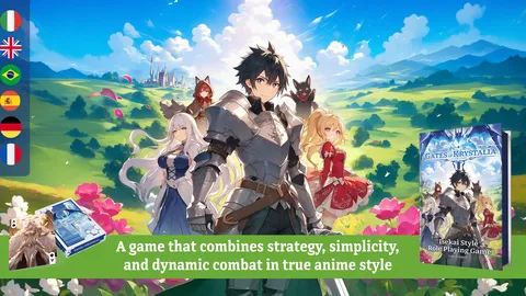 A group of five anime-style characters stands in a vibrant, lush landscape filled with rolling hills and colorful flowers. The central figure, a young man in shining armor, is flanked by a silver-haired woman in a blue dress, a red-haired girl in a hooded cloak, a small black cat-like creature, and a blonde girl in a red dress. In the corner, a box featuring the game "Gates of Krystalia" is displayed, with text highlighting the game's combination of strategy, simplicity, and dynamic combat.