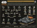 Miniatures of Star Wars soldiers and a tank on a black background with text.