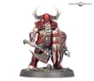 A muscular warrior stands prominently, adorned in red and black armor with sharp spikes and skull motifs. He wields a large, menacing axe in one hand and a shield with jagged edges in the other, both showcasing intricate detailing. His head is covered by a horned helmet, and he stands on a rocky base with sparse grass and skulls scattered around.