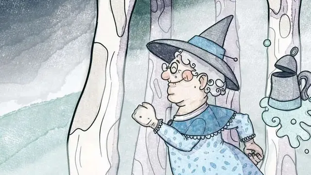 Witch in blue dress, pointed hat, holding cauldron, trees behind, text "OF FOLK AND FEY"