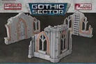 Two pieces of Gothic Sector terrain are displayed, featuring ruined structures with a weathered stone appearance. Each piece has arched windows and doors, accented with orange detailing, showcasing a mix of gray tones and visible wear. The terrain is designed for 28-35mm scale tabletop games, emphasizing its pre-painted, ready-to-use quality.