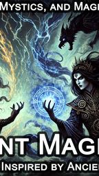 A mystical illustration features two powerful spellcasters, one with long, flowing hair and a green aura, and the other with dark, wild hair and a commanding presence, both surrounded by swirling magical energies. In the background, a dramatic sky crackles with lightning, while arcane symbols and a shadowy creature add to the atmosphere. Prominently displayed is the title "ANCIENT MAGIC" along with the text "5e Content Inspired by Ancient Sources!" and an image of the book cover on the right.