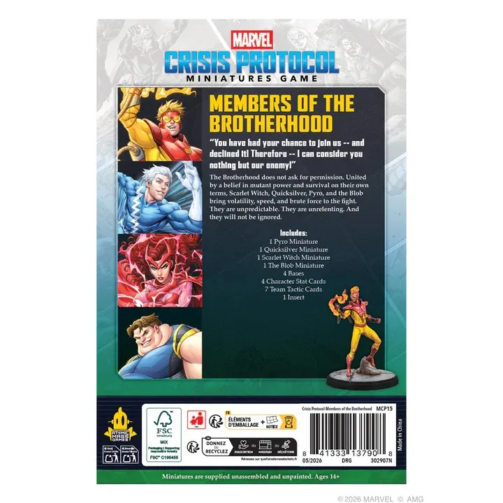 Marvel Crisis Protocol Miniatures Game Members of the Brotherhood box back with character art and text.