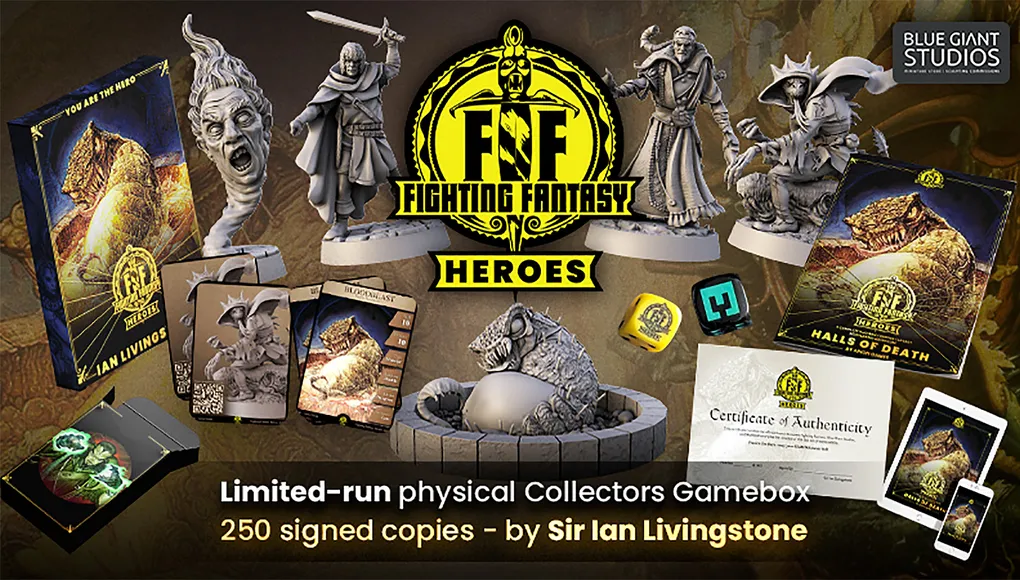 A collection of Fighting Fantasy miniatures is displayed prominently, featuring various characters and creatures from the gamebooks, including a wizard and a villain in cloaks. In the foreground, a detailed miniature of a creature called Bloodbeast is accompanied by its stat card. The scene also includes branded dice, a certificate of authenticity, and a decorative gamebox, all set against a dark background with the Fighting Fantasy Heroes logo prominently featured.