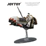 White jetbike with red accents, rider in white armor holding a lance, on a stand.