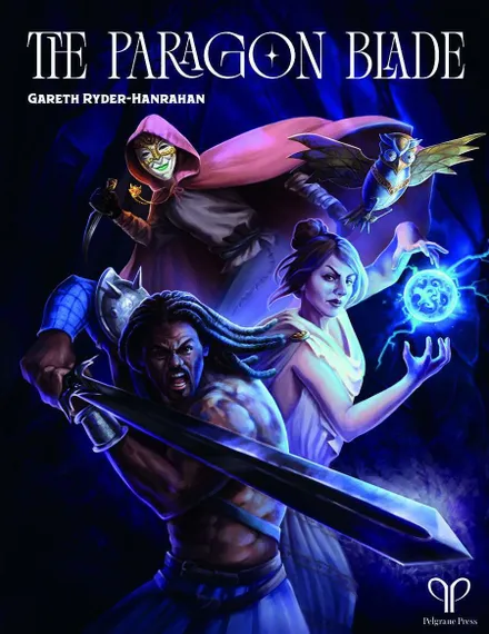 Fantasy heroes in dark setting, glowing orb, sword, owl-like creature, masked figure.