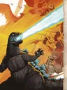 A dynamic illustration features Godzilla prominently in the foreground, unleashing a powerful atomic breath. Behind him, King Ghidorah soars with its three heads, while Mothra and Rodan are depicted in flight above. The game's title, "King of Tokyo Godzilla," is displayed prominently, along with the IELLO logo and player information in the top corner. The background is filled with vibrant colors, creating an intense atmosphere of battle among the iconic Kaijus.