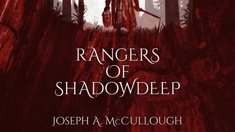 A lone figure in a hooded cloak stands in a dim forest, holding a curved weapon. Tall trees with white bark surround them. Text reads: "RANGERS OF SHADOWDEEP" and "JOSEPH A. McCULLOUGH."