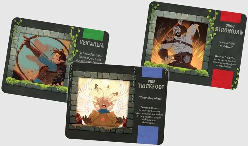 Three illustrated cards from a card game. The first card, titled "VEX'AHLIA," shows a woman with long red hair and a blue outfit, standing in a stone archway with vines. The second card, titled "PIKE TRICKFOOT," depicts a seated, winged gnome-like figure with white hair, surrounded by floating skeletal hands. The third card shows a muscular man with a beard, wearing a brown belt and leather armor, standing in a fiery background with a stone wall. Each card has text and decorative borders.