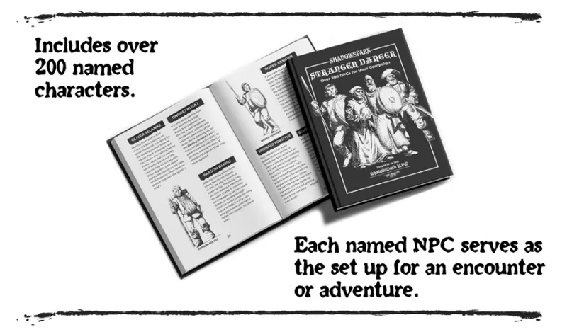 Stack of three tabletop roleplaying game booklets fanned out on a white surface. From left to right:

1. A booklet titled “Delver’s Journal” with a black-and-white illustration of a robed figure holding a staff and a lantern.
2. An open booklet showing two pages: on the left is text under the heading “Parson Ravn,” and on the right is a black-and-white illustration of a robed figure with a scythe.
3. A booklet cover titled “Shadowspark Stranger Danger,” displaying a black-and-white illustration of a group of six fantasy characters, including a knight, a robed figure, and others gathered around a table. The subtitle reads “Over 200 NPCs for Your Campaign.”