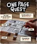 Hand holds pen marking a printed game sheet titled "ONE PAGE QUEST." Five dice and a pen rest on a wooden surface. Visible text: "THE LOOK OF AN OLD-SCHOOL FANTASY RPG," "THE REPLAYABILITY OF A ROGUELIKE," "THE GAMEPLAY OF YAHTZEE," "1 PAGE," "5 DICE," "1 PEN."