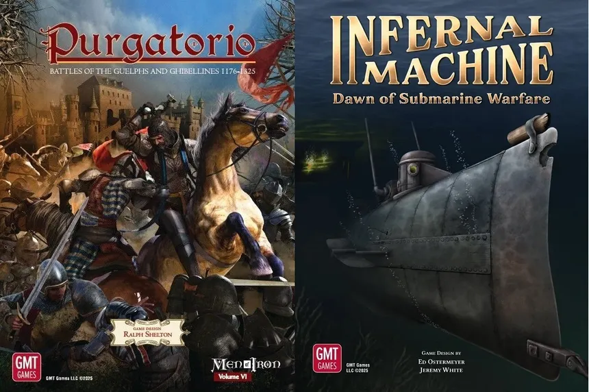 The image features two board game covers side by side. On the left, "Purgatorio: Battles of the Guelphs and Ghibellines 1176-1325" showcases a dramatic scene with armored knights engaged in battle, set against a backdrop of a medieval castle and a cloudy sky. On the right, "Infernal Machine: Dawn of Submarine Warfare" presents a dark underwater scene featuring a submarine, with faint light illuminating the water and hints of a shipwreck in the background. Both covers highlight the historical themes of their respective games.