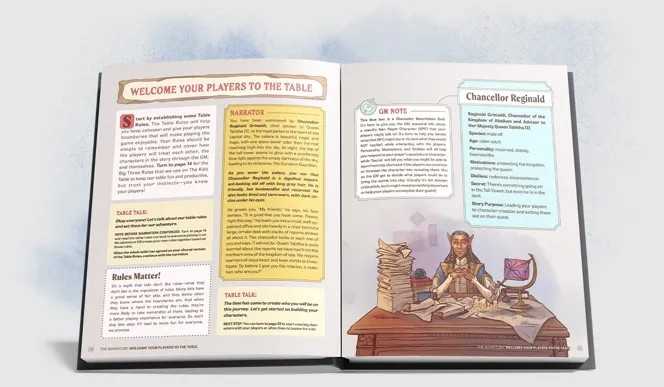 Open book spread showing a role-playing game guide. The left page is titled "WELCOME YOUR PLAYERS TO THE TABLE" and contains sections labeled "Narrator" and "Table Talk" with instructional text. The right page features a "GM NOTE" box, a character illustration of a fantasy figure with pointed ears and armor seated at a wooden desk, and a sidebar titled "Chancellor Reginal Grimwald." The illustration shows the character surrounded by stacked books, a lit candle, an inkwell with a quill, and a small wooden chest. The sidebar lists details about the character, including name, title, and other attributes.