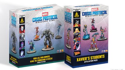 Two character packs for Marvel: Crisis Protocol are displayed side by side. On the left, the "Iron Lad, Iron Monger, Kang the Conqueror & Rescue" pack features a dark box with images of the characters, including a menacing Iron Monger and a sleek Iron Lad. On the right, the "Xavier’s Students Affiliation Pack" showcases a lighter box with illustrations of mutant heroes like Colossus and Nightcrawler, each depicted in dynamic poses. Both packs highlight the miniatures prominently, emphasizing their detailed designs.