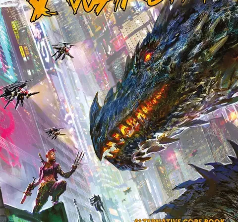 Cyberpunk cityscape with neon-lit skyscrapers. Giant dragon-like creature emerging from ruins, glowing red eyes and fiery breath. Four small flying drones in mid-air. Text reads: "Shadowrun Anarchy 2.0" with logo and "2.0" in corner.