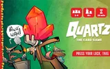 Cartoon gnome in armor holding a red crystal, text "Quartz THE CARD GAME PRESS YOUR LUCK"