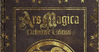 Gold circular Celtic knot design on dark leather-textured background with ornate borders. Text: "Ars Magica Definitive Edition".