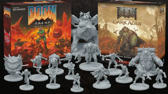 The image features two boxed versions of the DOOM | Arena Board Game, one for DOOM (1993) and the other for DOOM: The Dark Ages, prominently displayed in the background. In the foreground, a variety of unpainted PVC miniatures are arranged, showcasing characters and creatures from the game, including a large, menacing demon and several smaller figures representing iconic characters like Doom Slayer and various demons. The vibrant artwork on the boxes depicts intense action scenes, enhancing the game's fast-paced and brutal theme.