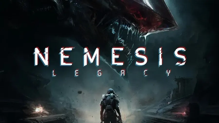 A futuristic, ruined cityscape with a large, menacing mechanical creature looming in the background. A lone, armored figure with a backpack and weapon stands in the foreground, facing the creature. The text "NEMESIS LEGACY" is prominently displayed in bold, glowing letters.
