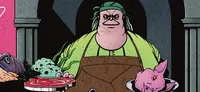 Cartoon man in green shirt, brown apron, green bandana, holding pink hand with red gem.