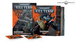 The image features the new "Kill Team: Shadowhunt" set, prominently displaying two rulebooks titled "SHADOWHUNT" and "SHADOWHUNT DOSSIER." The covers showcase dynamic artwork, including a battle scene with miniatures and characters from the Adepta Sororitas and Chaos Space factions. In the foreground, several datacards are visible, featuring vibrant orange and black designs, alongside a textured game board with various symbols and numbers.