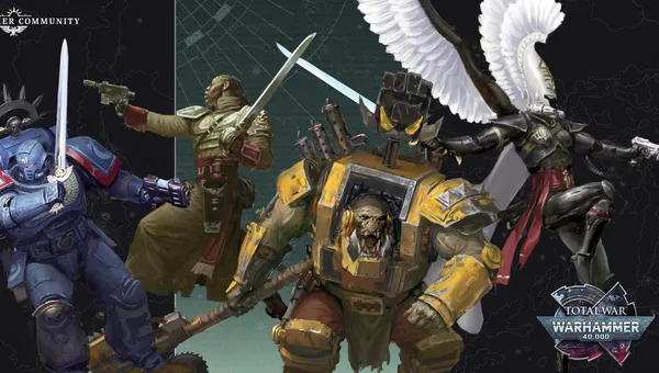 A dynamic illustration features four distinct characters from the Warhammer 40,000 universe. On the left, a Space Marine in blue armor holds a pistol, while a figure in a military uniform brandishes a sword in the center. To the right, an imposing Ork in yellow armor displays a fierce expression, and behind him, a character with a mechanical arm and a large weapon stands ready for battle. The background includes a stylized map, enhancing the sci-fi atmosphere of the scene.
