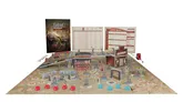 The image features a tabletop setup for the Fallout: Factions skirmish game. In the center, a detailed battle map depicts a post-apocalyptic landscape with various terrain elements, including buildings, barriers, and scattered tokens. To the left, an 80-page rulebook is displayed alongside two player boards, while several multi-part miniatures are positioned throughout the scene, enhancing the immersive gameplay experience.