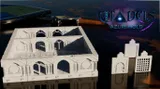 A set of modular dungeon tiles is displayed, featuring intricately designed pieces in a non-PVC material, showcasing a combination of walls and structures. The tiles include a larger piece with arched doorways and decorative elements, alongside smaller components such as a door and various wall sections. The background features the text "CITADELS AZURE HOLD," set against a dark, atmospheric backdrop.