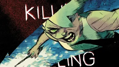 A green-skinned character with sharp teeth and a menacing expression, holding a blue object resembling a broken wing or blade. White and red text reads: "SOMETHING IS KILLING" with "BOOM!" logo top-left, "James Tynion IV, Werther Dell’Edera, Miquel Muerto" names top-center, and "Nº 50" top-right.