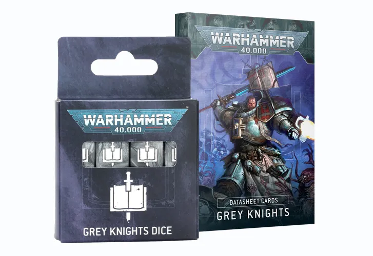 A pack of Grey Knights dice is displayed alongside a set of Grey Knights datasheet cards, both featuring the Warhammer 40,000 branding. The dice are predominantly grey with a white design, while the datasheet card pack showcases a striking illustration of a Grey Knights character in armor, wielding a weapon and surrounded by a dramatic background. The overall presentation emphasizes the thematic elements of the Grey Knights faction in the Warhammer 40,000 universe.