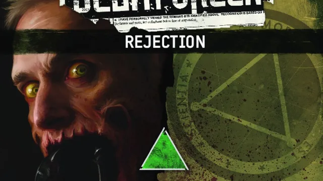 Man with yellow eyes, black headband, text "REJECTION" and green triangle.